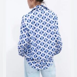 Zara Medium Long sleeve white shirt with blue purple geometric pattern